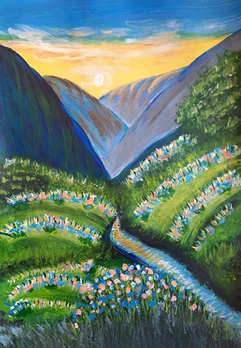 Flower beds at the foot of the mountain